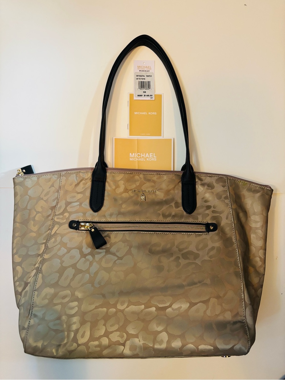 Michael Kors Kelsey Truffle Taupe Leopard Print Tote Bag with Black Handles NWT